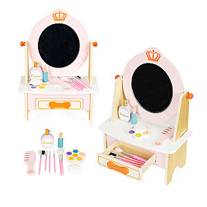 Koka tualetes galdiņš ar rozā bērnu aksesuāriem