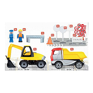Комплект: самосвал (22 см), экскаватор (25 см), набор дорожных знаков, игрушечная фигурка полицейского и дорожный блок Lena Truckies L01631 (в коробке)