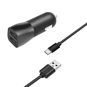 FIXED Dual USB Car Charger 15W+ USB/USB-C Cable, Black