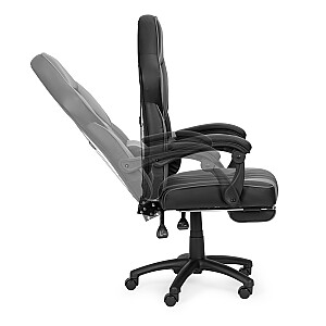 Biroja spēļu krēsls ar regulējamu kāju balstu un jostas daļas spilvenu.