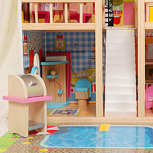Деревянный кукольный домик с мебелью, бассейном + освещение