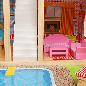 Деревянный кукольный домик с мебелью, бассейном + освещение