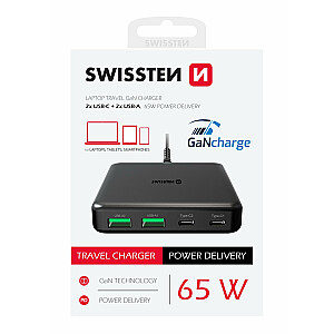Swissten Desktop GaN Charger Adaperis 2x USB-C /  2xUSB / 65W  DELIVERY BLACK