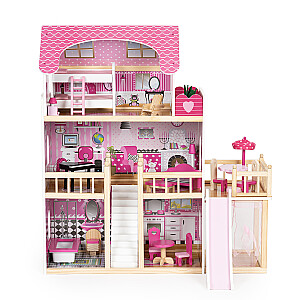 Кукольный домик с террасой и горкой, 18 предметов деревянной мебели ECOTOYS