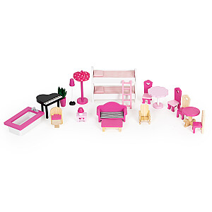 Кукольный домик с террасой и горкой, 18 предметов деревянной мебели ECOTOYS