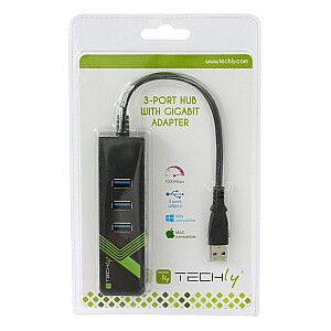 Techly 105803 Сетевая карта/адаптер USB-A 3.0 Gigabit Ethernet RJ45, 3 USB-концентратора