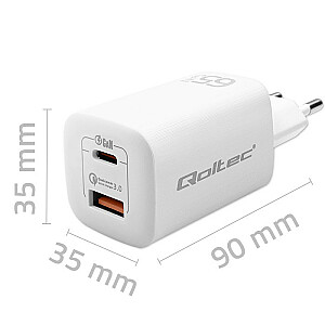 Зарядное устройство для мобильных устройств Qoltec 50765 Ноутбук, портативная игровая консоль, внешний аккумулятор, смартфон, умные часы, планшет Белый AC Быстрая зарядка в помещении