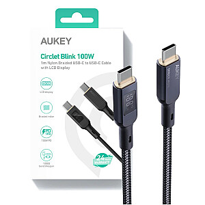 AUKEY CB-MCC102 USB-C Power Delivery PD 100W 5A LED 1,8m neilona melns