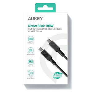 AUKEY CB-MCC102 USB-C Power Delivery PD 100W 5A LED 1,8m neilona melns