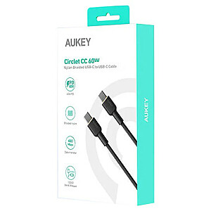 AUKEY CB-NCC2 USB-C Type-C Power Delivery PD 60W 3A 1,8m neilons, melns