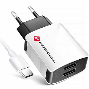 Зарядное устройство Forcell для мобильного телефона 2xUSB 2A + кабель Type C 1м