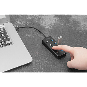Digitus USB 3.0 centrmezgls, 4 porti, pārslēdzams, alumīnija korpuss
