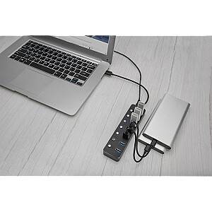 Digitus USB 3.0 centrmezgls, 7 porti, pārslēdzams, alumīnija korpuss