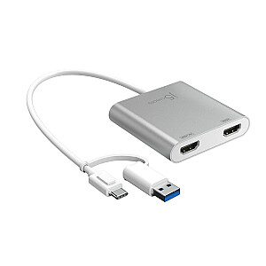 j5izveidojiet USB-C uz divu HDMI vairāku monitoru adapteri (USB-C/USB3.1m - 1x4K HDMI f + 1xHDMI f 20cm; sudrabs) JCA365-N