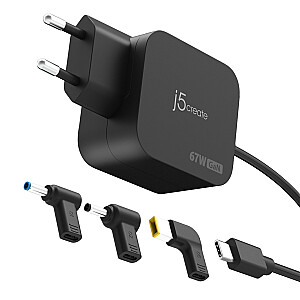 j5create JUP1565DCE3A-EN 67 W Mini GaN PD USB-C® lādētājs ar 3 līdzstrāvas ligzdas veidiem — ES