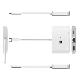 j5izveidojiet USB-C dokstaciju ar 4K HDMI Ethernet adapteri 1x4K HDMI/1xUSB-C/1xRJ45 Gigabit; krāsa balta JCA351-N