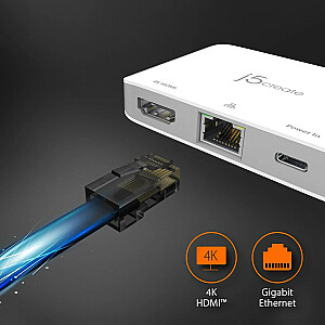 j5izveidojiet USB-C dokstaciju ar 4K HDMI Ethernet adapteri 1x4K HDMI/1xUSB-C/1xRJ45 Gigabit; krāsa balta JCA351-N
