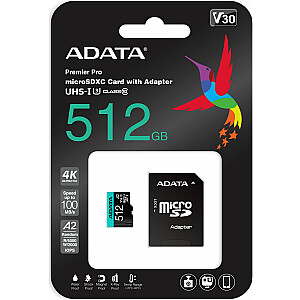 ADATA Premier Pro microSDXC 512GB 100R / 80W UHS-I U3 10. klases A2 V30S + adapteris