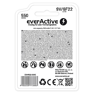 Akumulators EverActive 6F22/9V Li-ion 550 mAh ar USB TYPE C