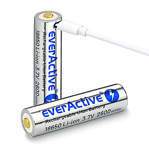 everActive 18650 3.7V Li-ion 2600mAh micro USB akumulators ar BOX aizsardzību