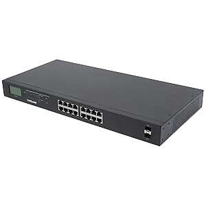 16 portu Gigabit Ethernet Intellinet slēdzis ar PoE+, 2 SFP porti, LCD, IEEE 802.3at/af Power over Ethernet (PoE+/PoE) saderīgs, 370 W, gala attālums, 19 collu statīvs