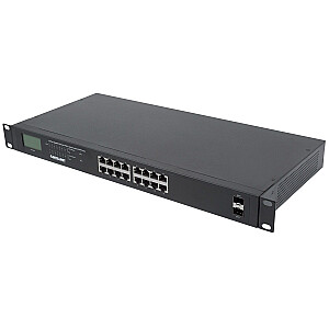 16 portu Gigabit Ethernet Intellinet slēdzis ar PoE+, 2 SFP porti, LCD, IEEE 802.3at/af Power over Ethernet (PoE+/PoE) saderīgs, 370 W, gala attālums, 19 collu statīvs