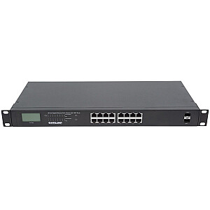 16 portu Gigabit Ethernet Intellinet slēdzis ar PoE+, 2 SFP porti, LCD, IEEE 802.3at/af Power over Ethernet (PoE+/PoE) saderīgs, 370 W, gala attālums, 19 collu statīvs