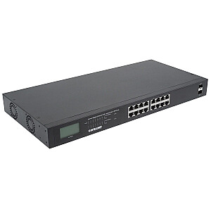 16 portu Gigabit Ethernet Intellinet slēdzis ar PoE+, 2 SFP porti, LCD, IEEE 802.3at/af Power over Ethernet (PoE+/PoE) saderīgs, 370 W, gala attālums, 19 collu statīvs