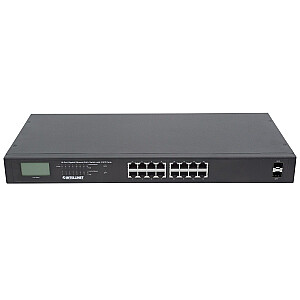 16 portu Gigabit Ethernet Intellinet slēdzis ar PoE+, 2 SFP porti, LCD, IEEE 802.3at/af Power over Ethernet (PoE+/PoE) saderīgs, 370 W, gala attālums, 19 collu statīvs