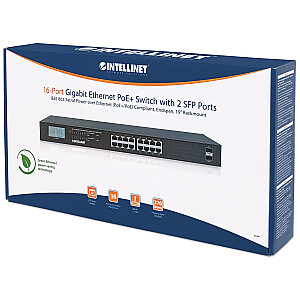 16 portu Gigabit Ethernet Intellinet slēdzis ar PoE+, 2 SFP porti, LCD, IEEE 802.3at/af Power over Ethernet (PoE+/PoE) saderīgs, 370 W, gala attālums, 19 collu statīvs