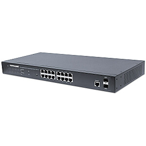 16 portu Gigabit Ethernet Intellinet slēdzis ar tīmekļa pārvaldību, PoE+, 2 SFP porti, IEEE 802.3at/af Power over Ethernet (PoE+/PoE) saderīgs, 374 W, gala attālums, 19 collu statīva stiprinājums