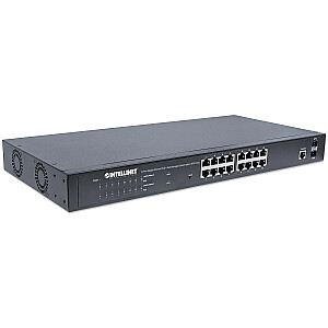 16 portu Gigabit Ethernet Intellinet slēdzis ar tīmekļa pārvaldību, PoE+, 2 SFP porti, IEEE 802.3at/af Power over Ethernet (PoE+/PoE) saderīgs, 374 W, gala attālums, 19 collu statīva stiprinājums
