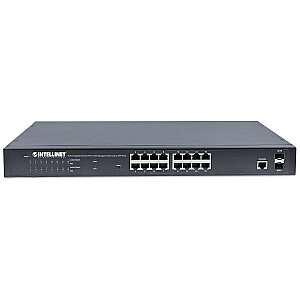 16-портовый коммутатор Gigabit Ethernet Intellinet с веб-управлением, PoE+, 2 портами SFP, совместимость со стандартом IEEE 802.3at/af Power over Ethernet (PoE+/PoE), 374 Вт, конечный пролет, монтаж в 19-дюймовую стойку
