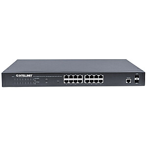 16 portu Gigabit Ethernet Intellinet slēdzis ar tīmekļa pārvaldību un PoE+, 2 SFP, 16 PoE, IEEE 802.3at/af Power over Ethernet (PoE+/PoE), 2 SFP, gala laidums, 19 collu statīva stiprinājums