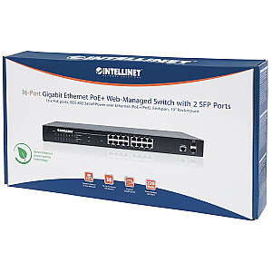 16 portu Gigabit Ethernet Intellinet slēdzis ar tīmekļa pārvaldību un PoE+, 2 SFP, 16 PoE, IEEE 802.3at/af Power over Ethernet (PoE+/PoE), 2 SFP, gala laidums, 19 collu statīva stiprinājums