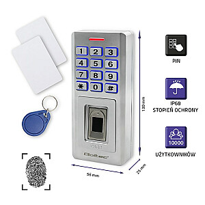 Qoltec 52447 OBERON kombinētā slēdzene ar pirkstu nospiedumu skeneri | RFID | Kods | Karte | atslēgu piekariņš | Durvju zvans | IP68 | EM