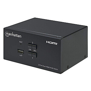 Manhetenas HDMI KVM slēdzis, 2 pieslēgvietas, 4K@30Hz, USB-A/3,5 mm audio/mikrofons, kabeļi iekļauti, audio atbalsts, 2 datoru vadība no viena datora/peles/ekrāna, barošana ar USB, melna, trīs gadu garantija, iepakots
