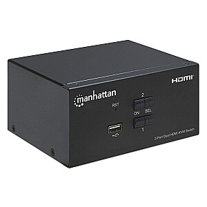 Manhetenas HDMI KVM slēdzis, 2 pieslēgvietas, 4K@30Hz, USB-A/3,5 mm audio/mikrofons, kabeļi iekļauti, audio atbalsts, 2 datoru vadība no viena datora/peles/ekrāna, barošana ar USB, melna, trīs gadu garantija, iepakots