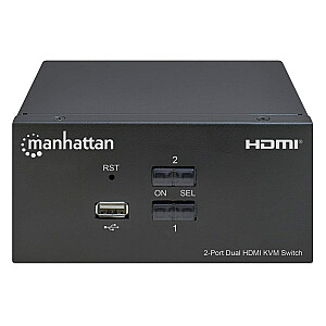 Manhetenas HDMI KVM slēdzis, 2 pieslēgvietas, 4K@30Hz, USB-A/3,5 mm audio/mikrofons, kabeļi iekļauti, audio atbalsts, 2 datoru vadība no viena datora/peles/ekrāna, barošana ar USB, melna, trīs gadu garantija, iepakots