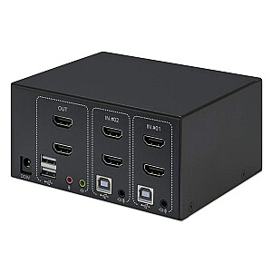 Manhetenas HDMI KVM slēdzis, 2 pieslēgvietas, 4K@30Hz, USB-A/3,5 mm audio/mikrofons, kabeļi iekļauti, audio atbalsts, 2 datoru vadība no viena datora/peles/ekrāna, barošana ar USB, melna, trīs gadu garantija, iepakots