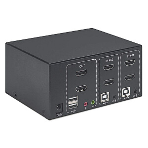 Manhetenas HDMI KVM slēdzis, 2 pieslēgvietas, 4K@30Hz, USB-A/3,5 mm audio/mikrofons, kabeļi iekļauti, audio atbalsts, 2 datoru vadība no viena datora/peles/ekrāna, barošana ar USB, melna, trīs gadu garantija, iepakots