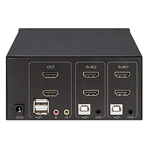 Manhetenas HDMI KVM slēdzis, 2 pieslēgvietas, 4K@30Hz, USB-A/3,5 mm audio/mikrofons, kabeļi iekļauti, audio atbalsts, 2 datoru vadība no viena datora/peles/ekrāna, barošana ar USB, melna, trīs gadu garantija, iepakots