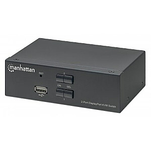 Manhetenas KVM slēdzis DisplayPort 1.2, 2 pieslēgvietas, 4K@60Hz, USB-A/3,5 mm audio/mikrofons, kabeļi iekļauti, audio atbalsts, 2 datoru vadība no viena datora/peles/ekrāna, barošana ar USB, melna krāsa, trīs gadu garantija , kastē