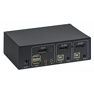 Manhetenas KVM slēdzis DisplayPort 1.2, 2 pieslēgvietas, 4K@60Hz, USB-A/3,5 mm audio/mikrofons, kabeļi iekļauti, audio atbalsts, 2 datoru vadība no viena datora/peles/ekrāna, barošana ar USB, melna krāsa, trīs gadu garantija , kastē