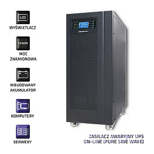 Qoltec 53044 nepārtrauktās barošanas avots UPS | Tiešsaistē | Tīrs sinusoidālais vilnis | 10kVA | 8kW | LCD | USB