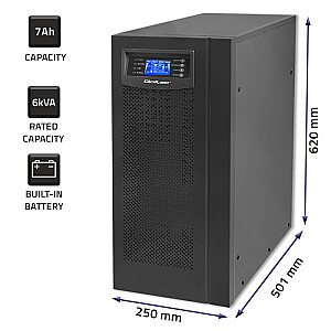 UPS Qoltec 53982 | Tiešsaistē | Tīrs sinusoidālais vilnis | 6kVA | 4,8 kW | LCD | USB