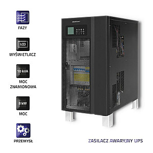 Qoltec 53948 nepārtrauktās barošanas avots UPS 3-fāzu | 10kVA | 8kW | LCD displejs