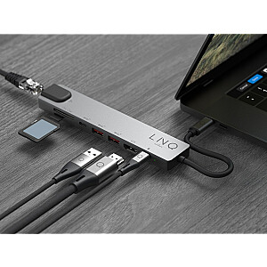 LINQ byELEMENTS LQ48010 — 8in1 Pro USB-C 10Gbps HDMI 4K Ethernet daudzportu centrmezgls ar karšu lasītāju