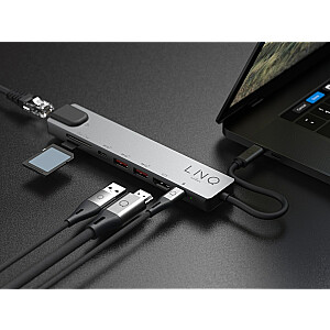 LINQ byELEMENTS LQ48010 — 8in1 Pro USB-C 10Gbps HDMI 4K Ethernet daudzportu centrmezgls ar karšu lasītāju