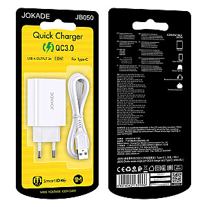 Jokade JB050 lādētājs | 18W | 3A + USB-C kabelis 1m balts